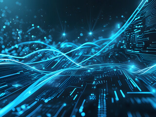 Wall Mural - Abstract digital landscape with glowing blue lines and circuit board details, representing data flow.