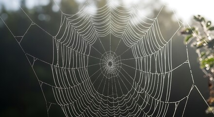 Intricate Spiderweb Shimmers with Dewdrops Against a Blurred Forest Backdrop