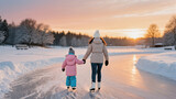 Mother and daughter ice skating on a winter path at sunset, holding hands and enjoying a peaceful snowy evening outdoors
