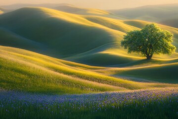 Wall Mural - abundant springtime green field with wildflowers under soft golden sunrise light