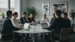 © GomatiDevi - Professionals collaborate efficiently in a modern meeting room, discussing strategy and brainstorming innovative ideas around a sleek conference table with laptops and data generative ai.