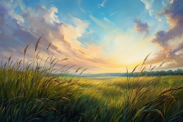 Wall Mural - gentle breeze brushing through dense tall grass in a serene open field