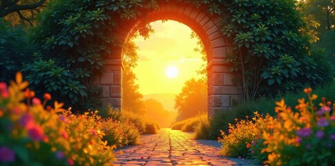 Wall Mural - Golden hour sunlight streams through a vibrant gateway arch, leading to a lush summer landscape Perfect for travel, vacation, or summer themes , journey, hot, bright