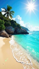 Wall Mural - Sun-drenched coastal scene evokes pure bliss Crystal-clear turquoise water laps gently on a sandy shore, under a vibrant sky Perfect summer escape feeling , horizon, paradise, bliss