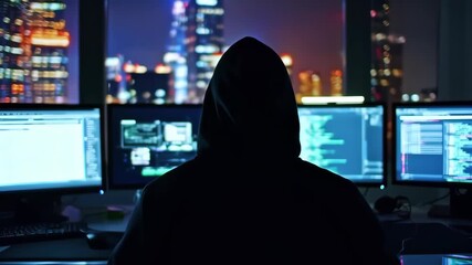A Hacker or Programmer Working on Computers in a Dark Room with a Futuristic Aesthetic.