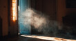 © Nelover - Vintage room filled with smoke and floating dust, soft sunlight creating a hazy antique atmosphere inside an old house