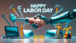 © Ashfaq - Happy Labor Day: A handshake between a human hand and robotic arm symbolizes labor day with tools and laptop with Happy Labor Day banner.