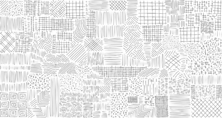Line patterns set, decorative hatching backgrounds, drawn straight and curved lines, grid texture