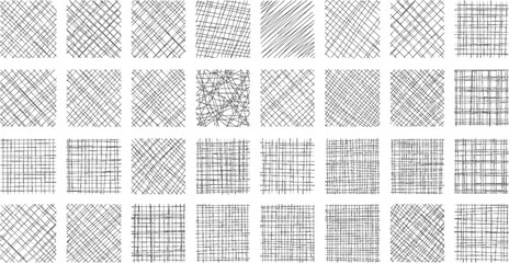 Line patterns set, decorative hatching backgrounds, drawn straight and curved lines, grid texture