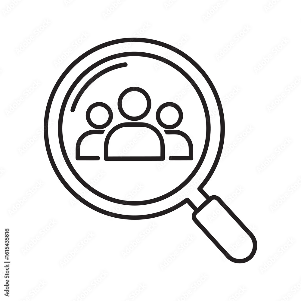 Line icon of a magnifying glass over a group of people representing ...