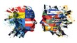 © Mann - A creative illustration of two faces facing each other, one representing the European Union and another depicting various country flags from around Europe