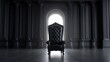 © Islam - Elegant black throne chair positioned in a grand, dimly lit room with ornate columns and a large arched window, creating a dramatic and regal atmosphere