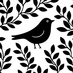 Wall Mural - simple black silhouette of bird with leaves on dark background
