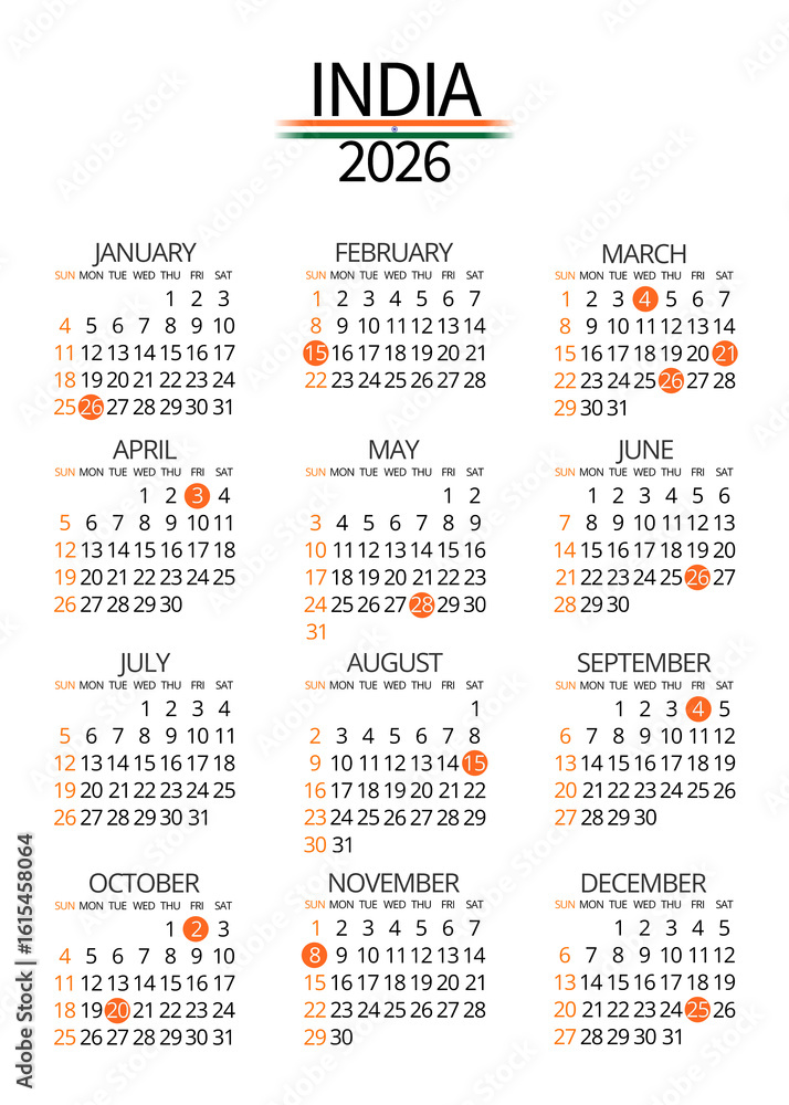 India 2026 calendar in English with national and cultural holidays