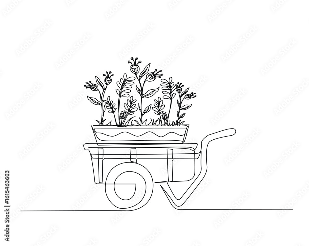 Barrow Draw Flowers on wheel barrow outline drawing illustration. one continuous ...