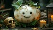 © Md - Cute white pumpkin with spooky face and skull on wooden table halloween
