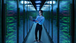 © master1305 - Woman with laptop standing in glowing 3D server corridor. Concept of data center security, IT operations, cybersecurity team, digital infrastructure, and cloud technology.