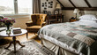 © Vectomage - Cozy Rustic Bedroom Interior:  Tranquil Farmhouse Style with Patchwork Quilt, Armchair, and Flowers.