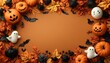 © Md - Orange pumpkins black bats white ghosts and autumn leaves frame orange background halloween