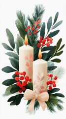 Wall Mural - two burning christmas candles with pine branches, red berries and a ribbon bow