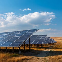 Solar panel array in a field under a blue sky isolated on white background