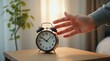 © Alex Pios - Urgent hand movement stopping loud alarm clock on wooden nightstand during morning wake-up