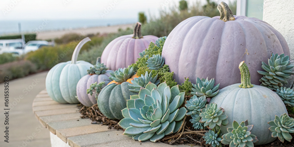 Pastel colored pumpkins and succulents are arranged on a low wall ...