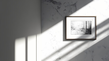 Wall Mural - Framed photo askew on hallway wall, visible nail above frame, side light casting diagonal highlight on plaster. Illustration