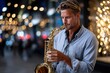 © YouraPechkin - Saxophonist performs on a busy street at night surrounded by festive lights