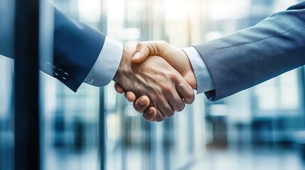 business handshake double exposure closeup: partnership in modern glass office building, for corpora