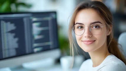 Modern Visionary: A portrait of a young woman, her eyes sparkling with knowledge and a gentle smile playing on her lips, surrounded by the world of coding. 
