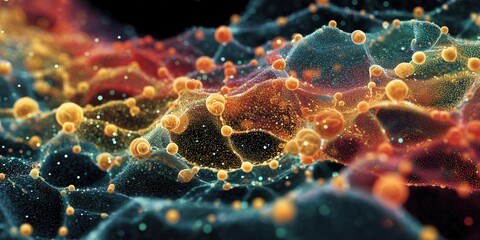 Wall Mural - macro shot of glowing cells and spheres, teal and orange colors, sci-fi biological texture
