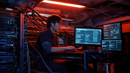 Young programmer working intently on multiple screens in a dimly lit server room, cables visible