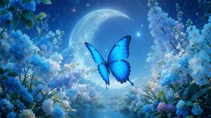 A blue butterfly is flying over a large blue moon
