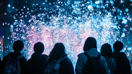 Group of people gathering together to watch colorful fireworks exploding in the night sky
