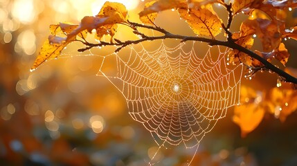 Spider s web glistening in the golden autumn foliage