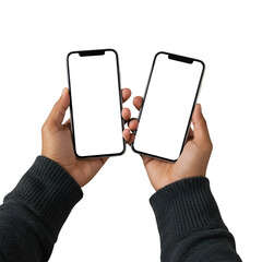 Hands Holding Two Smartphones With White Screens Isolated Photo