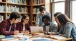 © Joy - Diverse group of students collaborating on a project in a library surrounded by bookshelves