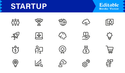 Startup Icon Set Featuring Business Launch, Innovation, Growth, and Entrepreneurship Symbols in Vector Style