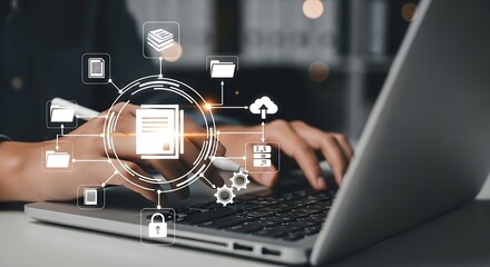 Digital Transformation: Person using Laptop for Data Management, Cloud Computing, Cybersecurity, and Document Workflow Automation in Modern Office.
