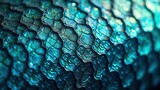 Close up of iridescent blue and green scales forming a textured skin