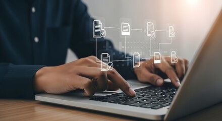 Person typing on a laptop with digital data flow visualization