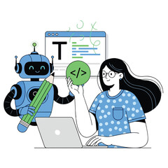 a lady and a robot using digital tools to work together on a coding assignment
