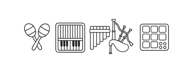 Wall Mural - music instruments line icon set. maracas, keyboard, pan flute, bagpipe collection