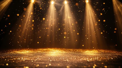 Wall Mural - three spotlights illuminate a gold glitter-covered stage.