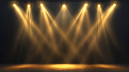 Wall Mural - four spotlights illuminate a dark stage with warm yellow light beams creating a dramatic effect.