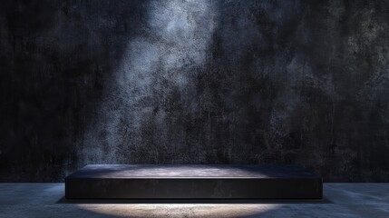 Wall Mural - dark moody studio with spotlight illuminating empty platform on grunge background.