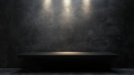 Wall Mural - dark, textured wall with spotlight and empty black shelf.