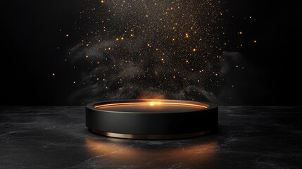Wall Mural - black circular podium with golden rim on dark marble surface, illuminated by magical golden dust.