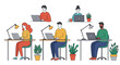 © markusmiller - Modern workspace in flat style with diverse people working on laptops